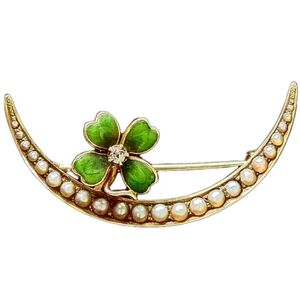 Antique 14K Gold Pearl Diamond Moon Clover Pin
